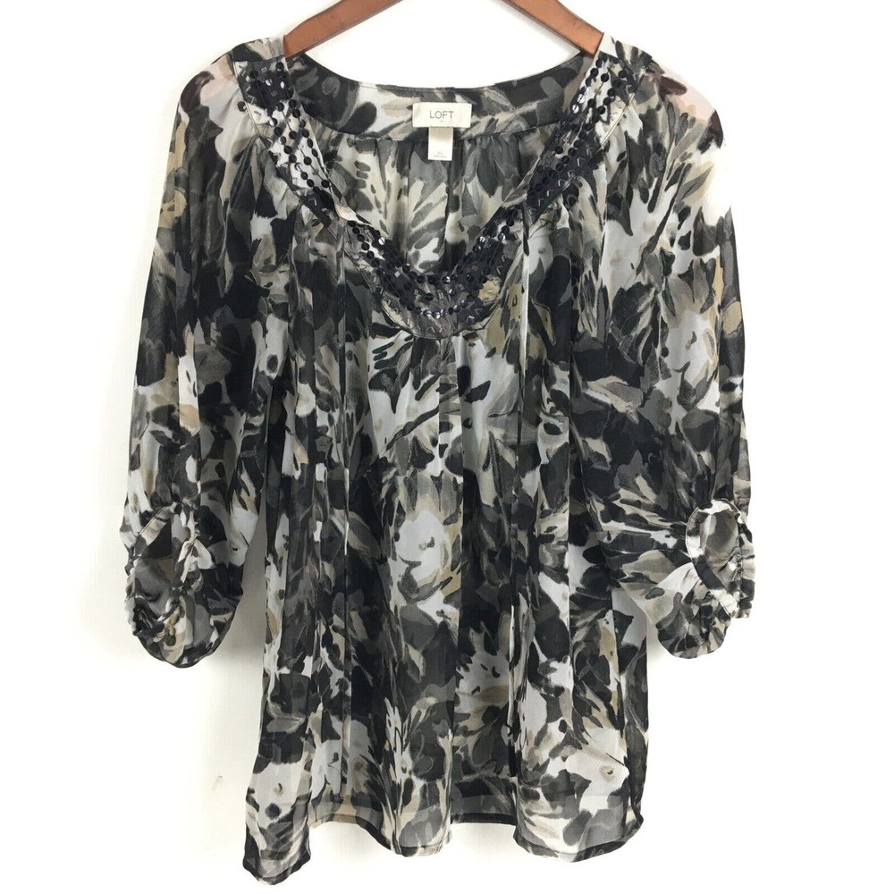 Ann Taylor LOFT Womens Tunic Blouse XS Black 3/4 Sleeve Beaded Chiffon Sheer